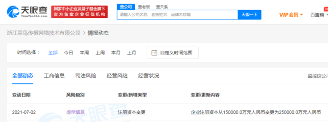 浙江菜鸟传橙网络技术注册资本增至25亿元，加速布局计算机软硬件及外围设备制造
